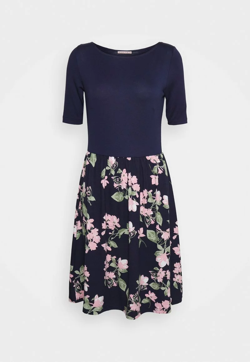 Barato ✨ Anna Field BOAT NECK PRINT 👗 DRESS WITH SOLID 👗 SKIRT - Vestido Ligero - Dark Blue, Mujer ⭐ 1 Barato ✨ Anna Field BOAT NECK PRINT 👗 DRESS WITH SOLID 👗 SKIRT - Vestido Ligero - Dark Blue, Mujer ⭐